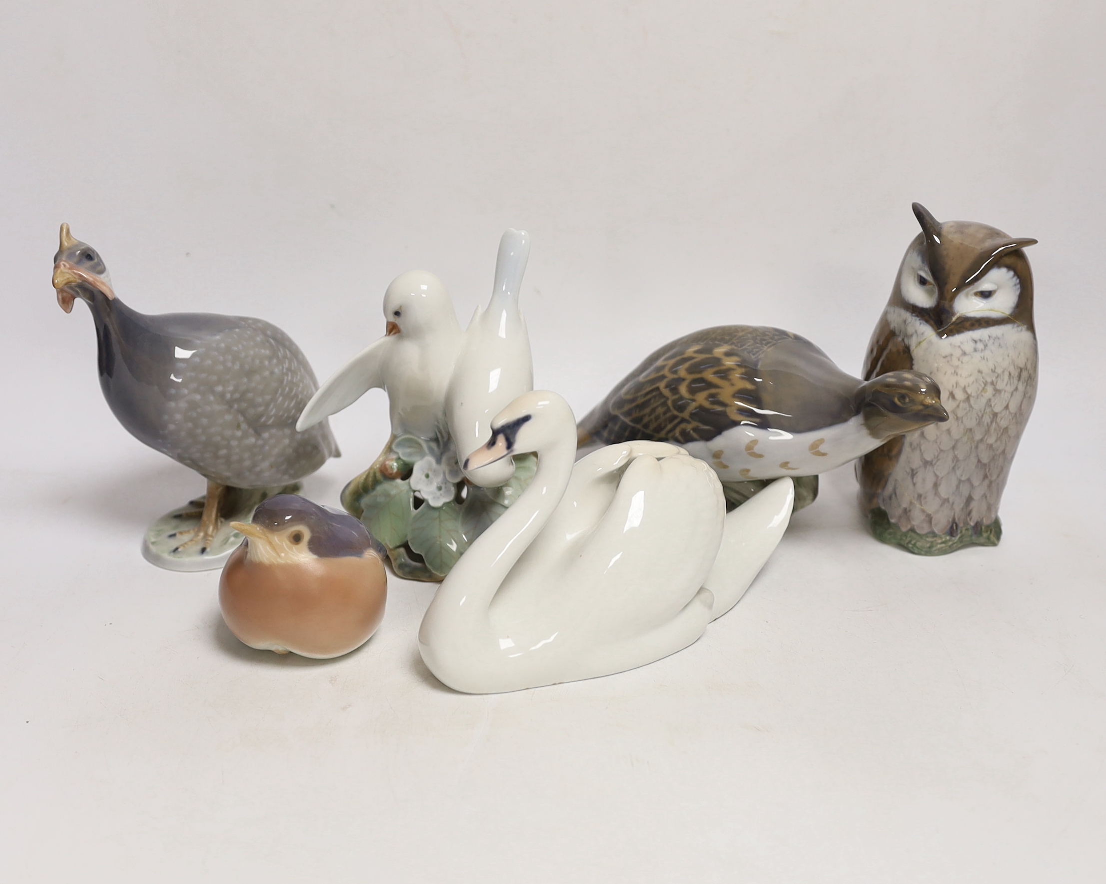 A six Royal Copenhagen birds including a swan and an owl, largest 17cm wide